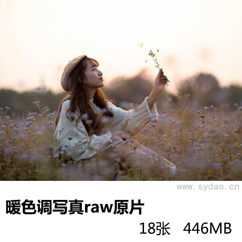 18张午后清纯文艺女孩户外花海暖色风写真raw未修人像原片，佳能相机cr2格式原图摄影后期修图练习素材