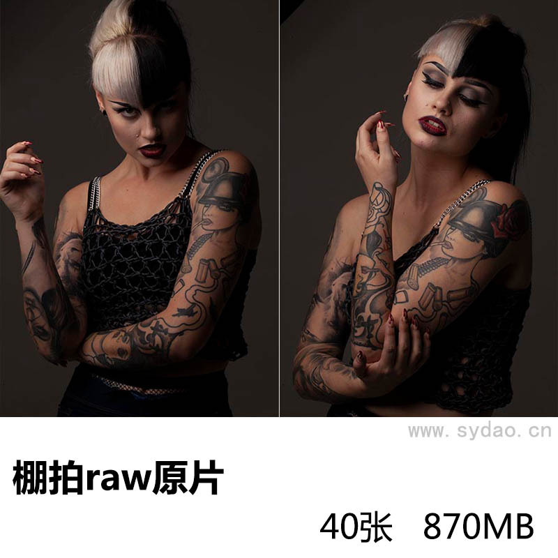 40张棚拍朋克风纹身花臂外国美女raw未修人像原片，佳能相机原图cr2格式摄影后期修图练习素材