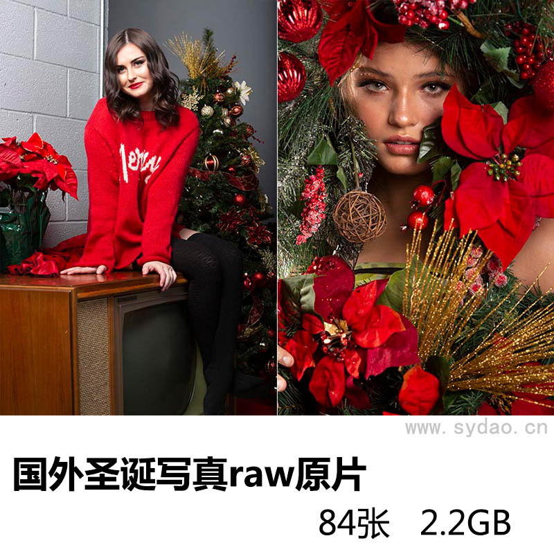 84张国外圣诞节红色风格棚拍美女写真raw未修人像原片，佳能相机原图cr2格式摄影后期修图调色练习素材