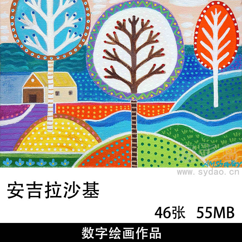 46幅美国画家安吉拉沙基卡通风格装饰绘画素材，色彩鲜艳可爱儿通油画图案练习临摹图库