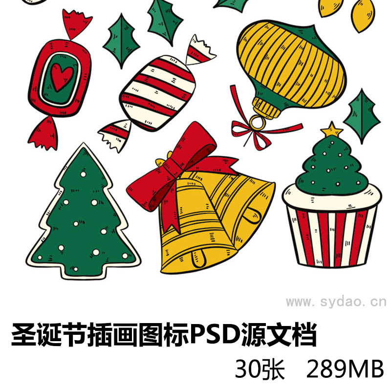 30组圣诞节元素插画图标设计PSD分层源文档素材