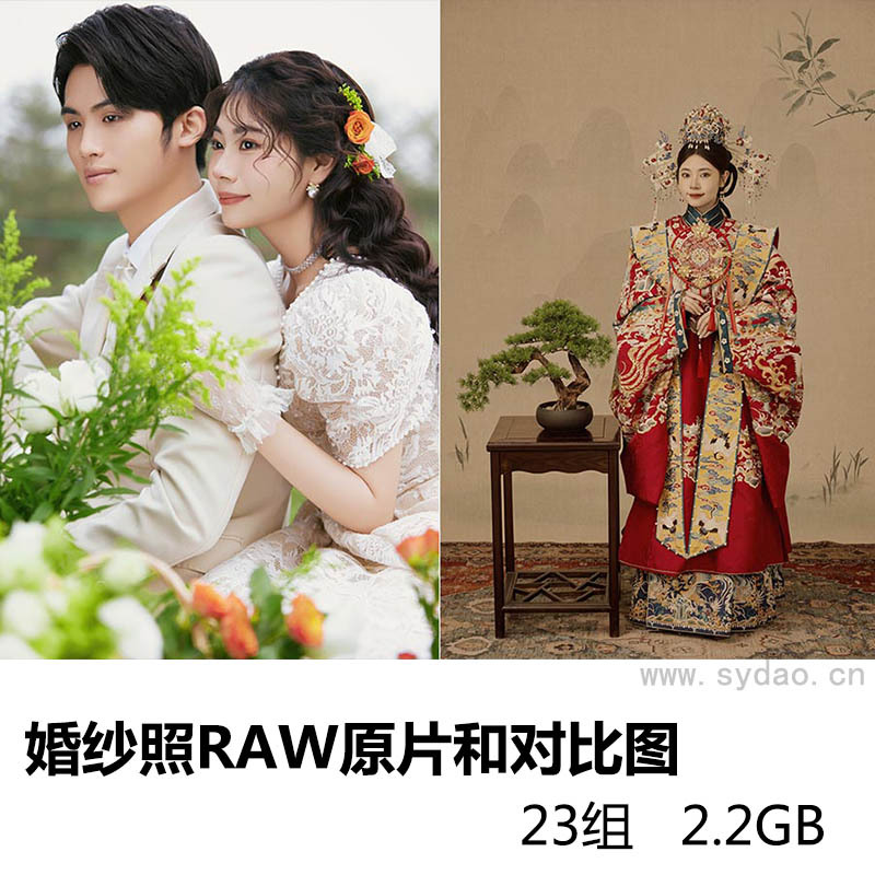 23组影楼室内中式工笔画婚纱照套图raw未修原片及精修后对比图，佳能相机cr2格式摄影后期修图练习素材