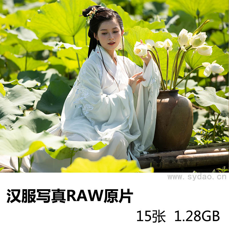 15张清纯美女古装汉服荷花池写真raw未修原片，尼康单反相机NEF格式修图练习素材