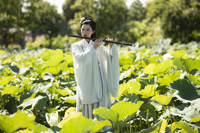 美女古装汉服荷花池写真raw未修原片，尼康单反相机NEF格式修图练习素材