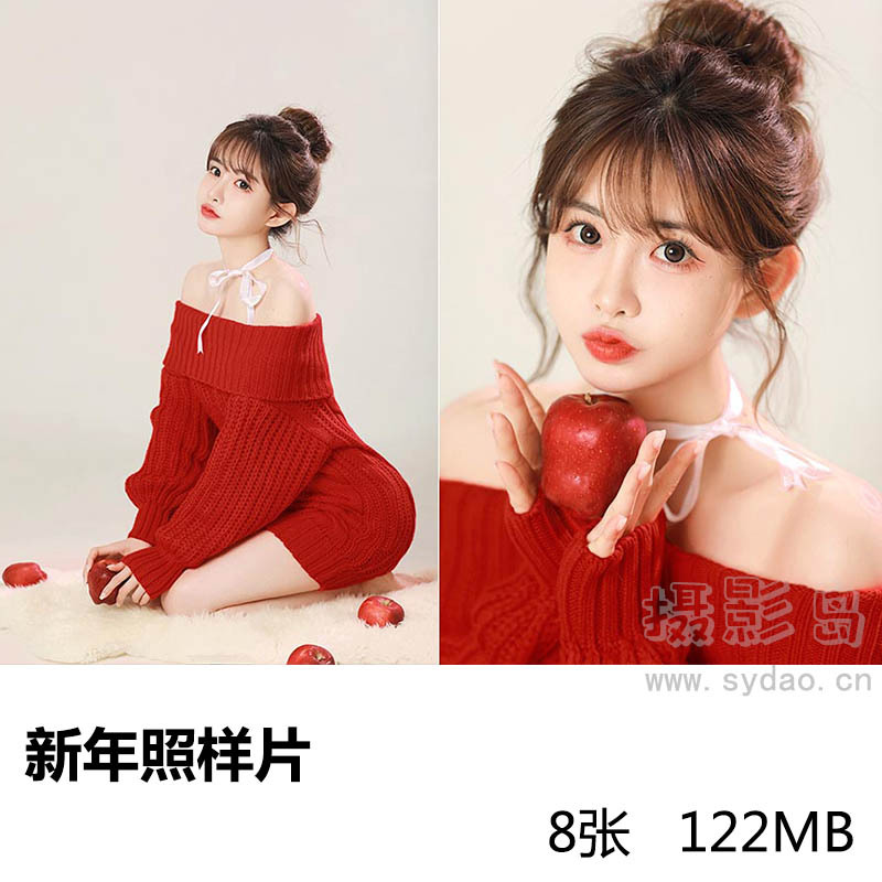 8张照相馆灰底色红毛衣裙女孩新年照写真样片，影楼摄影工作室样照图片