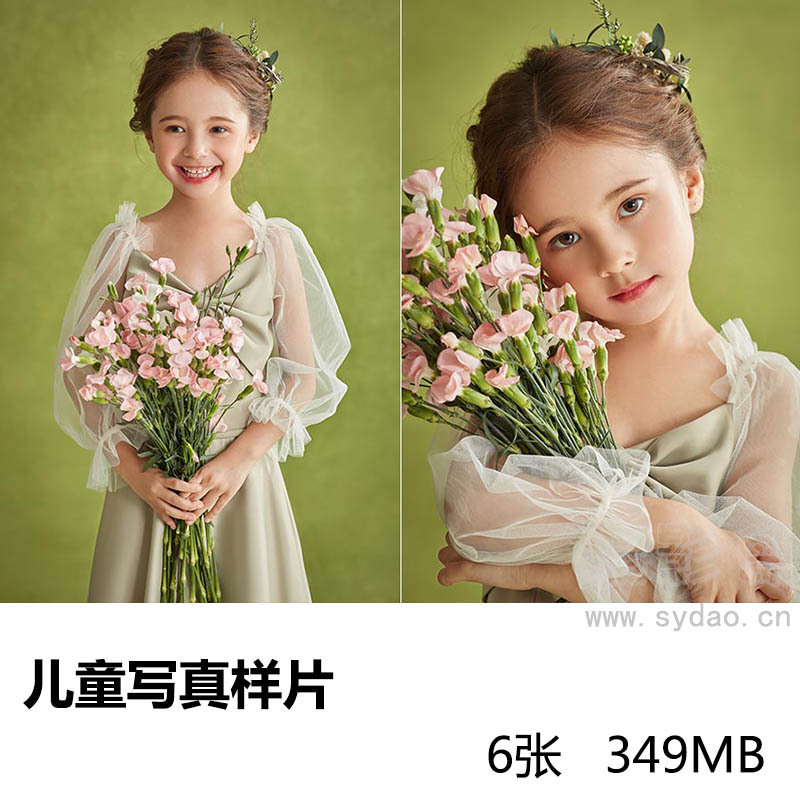 6张影楼摄影棚拍摄手捧鲜花女童写真样片，照相馆样照图片
