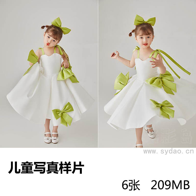 6张照相馆棚拍灰底色白裙子儿童女童写真样片，影楼工作室样照图片