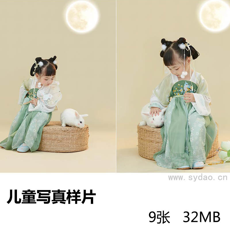 9张照相馆棚拍可爱超萌女童与小兔子合照写真样片，影楼工作室样照图片素材
