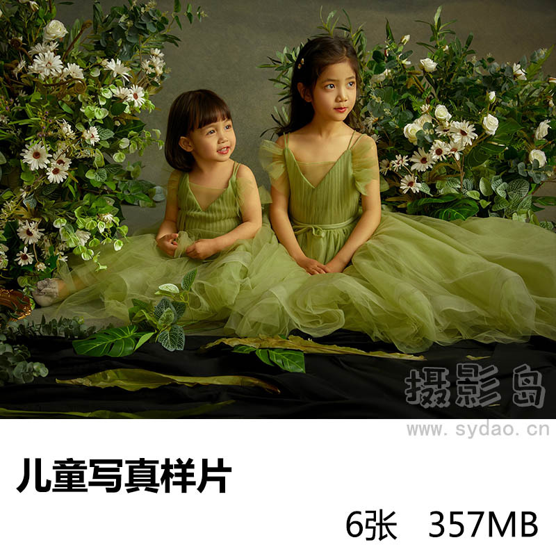6张影楼内景绿色油画风格女童儿童写真样片，摄影工作室样照图片素材