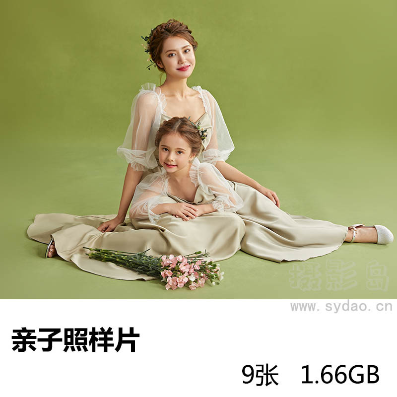 9张影楼浅绿色背景母女装亲子照写真样片，照相馆样照图片素材