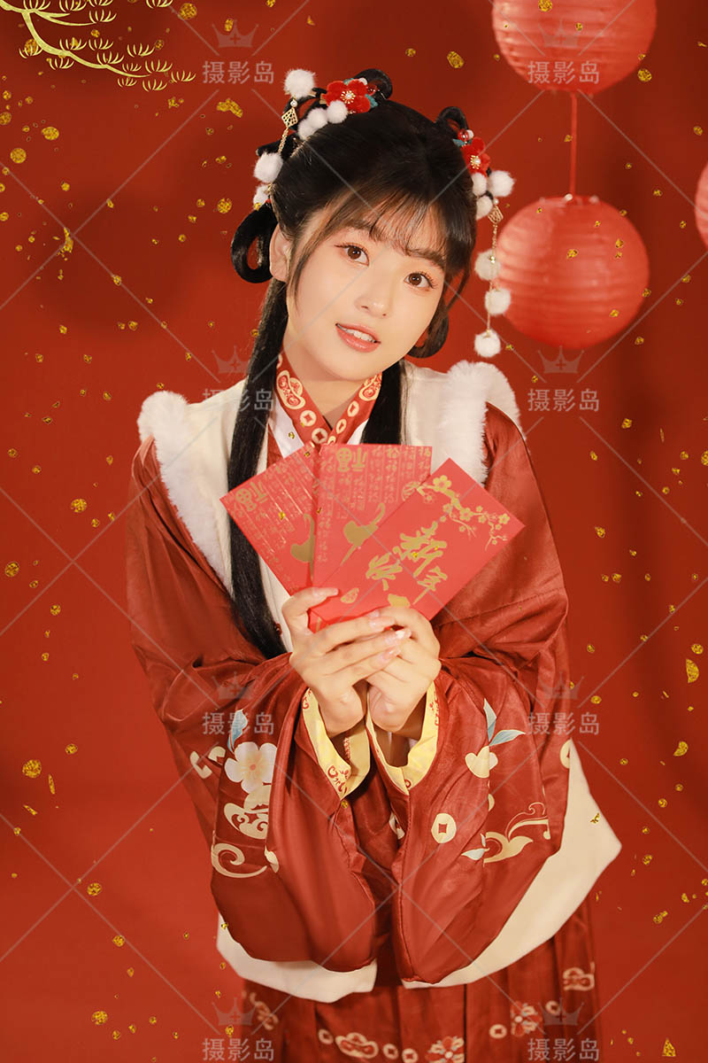 照相馆过年红色风格美女祝福写真新年照样片