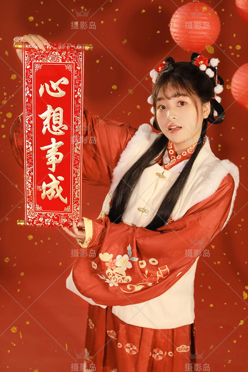 照相馆过年红色风格美女祝福写真新年照样片