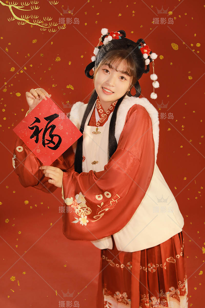 照相馆过年红色风格美女祝福写真新年照样片