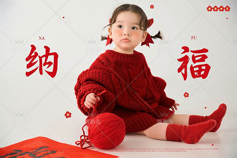 照相馆儿童红色毛衣女童新年照样片，影楼新年照样照图片素材