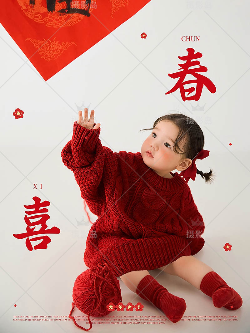 照相馆儿童红色毛衣女童新年照样片，影楼新年照样照图片素材