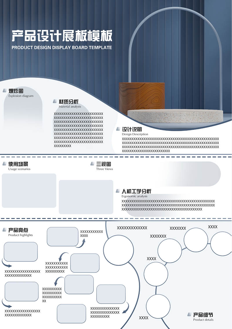 蓝色风格产品亮点流程通用产品设计工业A3展板模板竖版PSD源文件排班广告素材