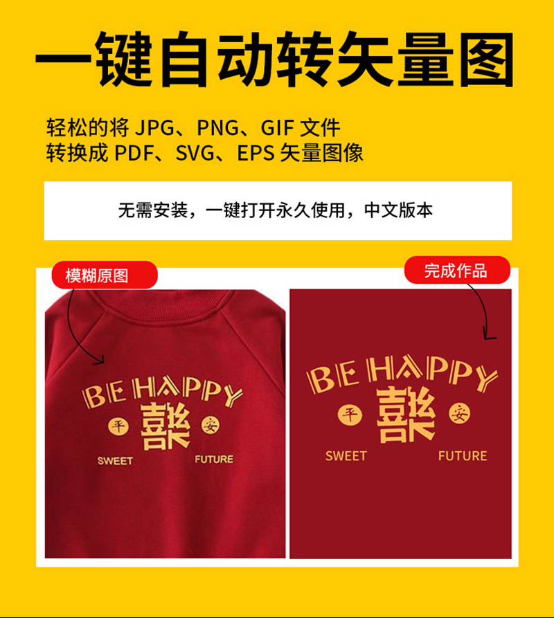 一键自动转矢量图汉化中文版，图片转矢量图标标志logo线条位图案