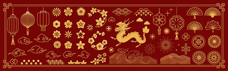 金黄色中国元素古典图案形状线条祥云扇子灯笼ai源文件免抠png图片