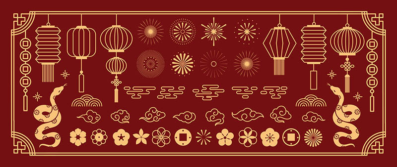 金黄色中国元素古典图案形状线条祥云扇子灯笼ai源文件免抠png图片