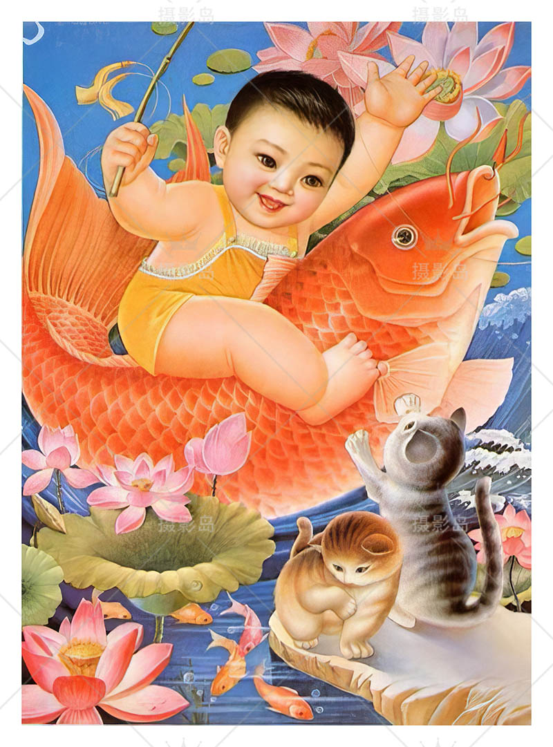 高清修复80年代90年代吉祥祝福墙壁画、福娃画、财神爷画