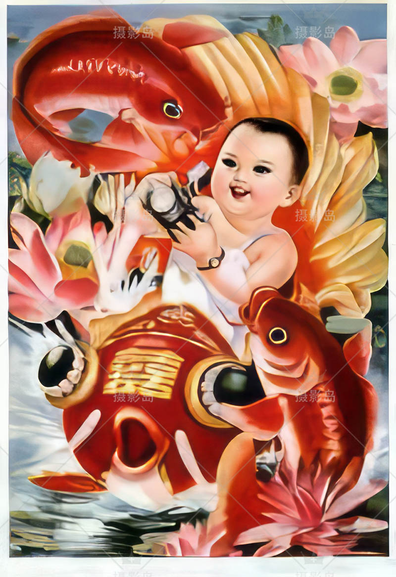 高清修复80年代90年代吉祥祝福墙壁画、福娃画、财神爷画